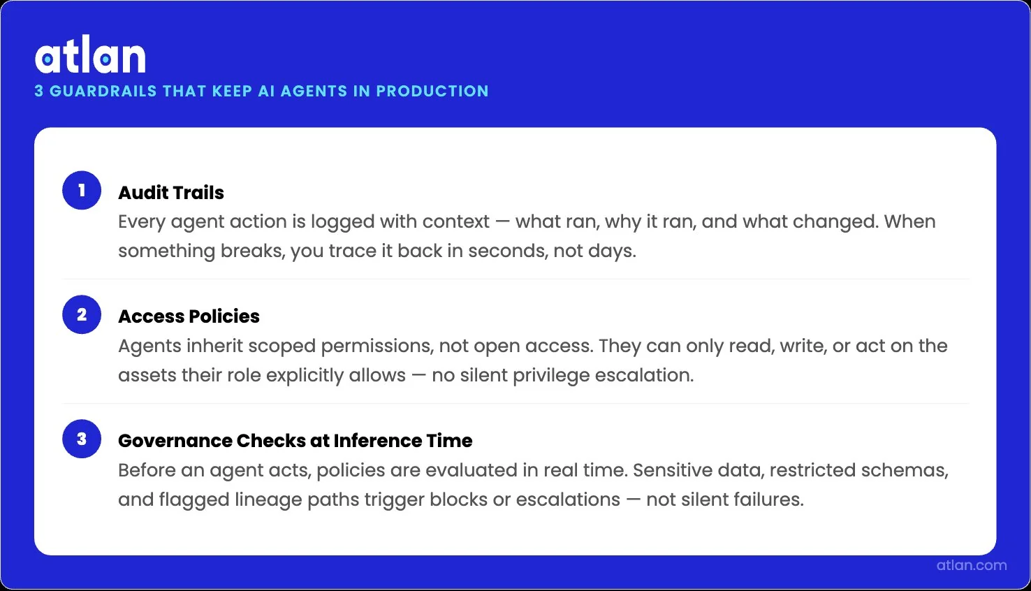 Infographic showing three agentic governance guardrails: audit trails, access policies, and governance checks at inference time.