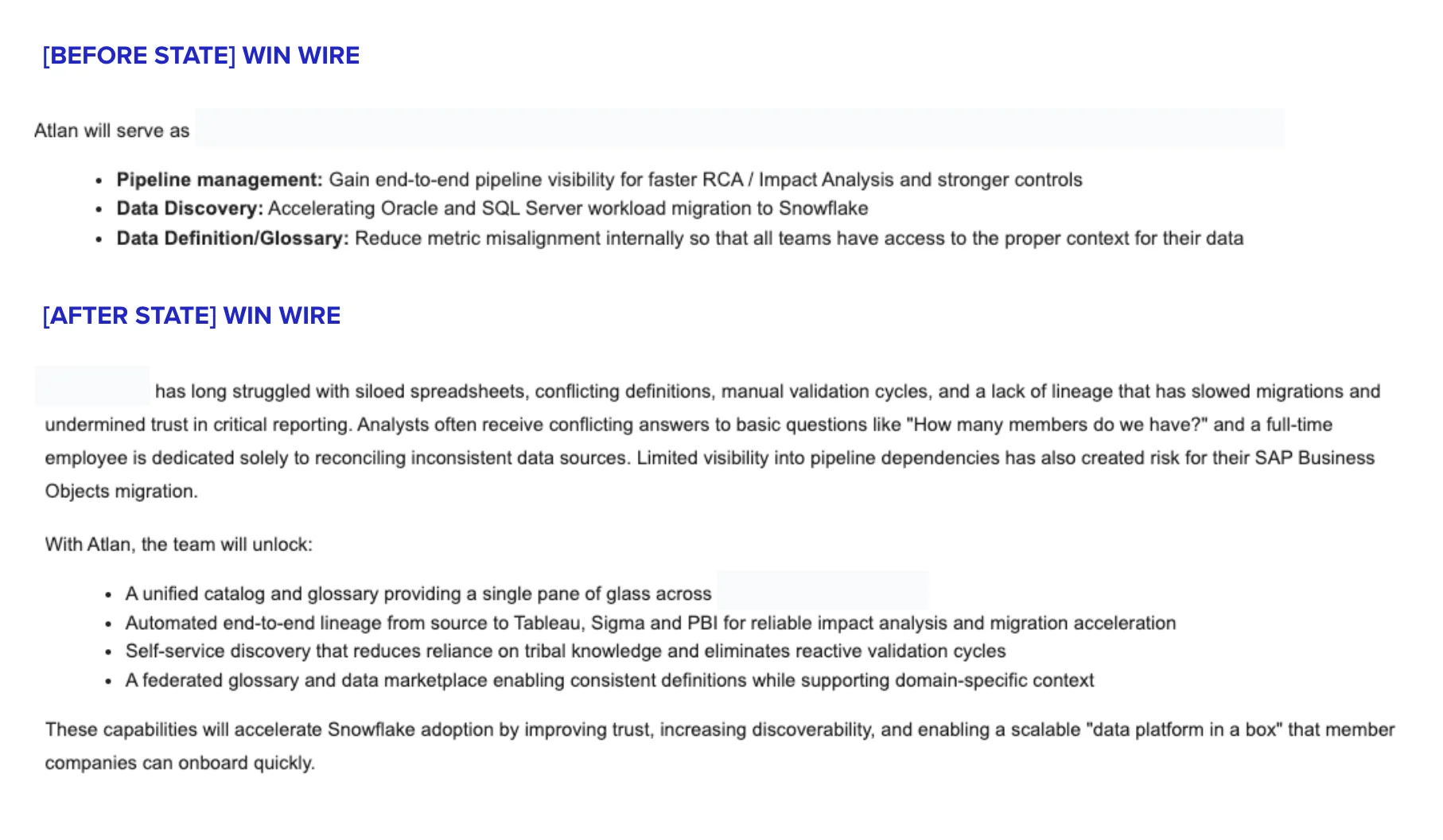 A win-wire before and after: the thin hand-written summary versus the agent-mined narrative with use case, unlocks, and impact, customer name blurred.